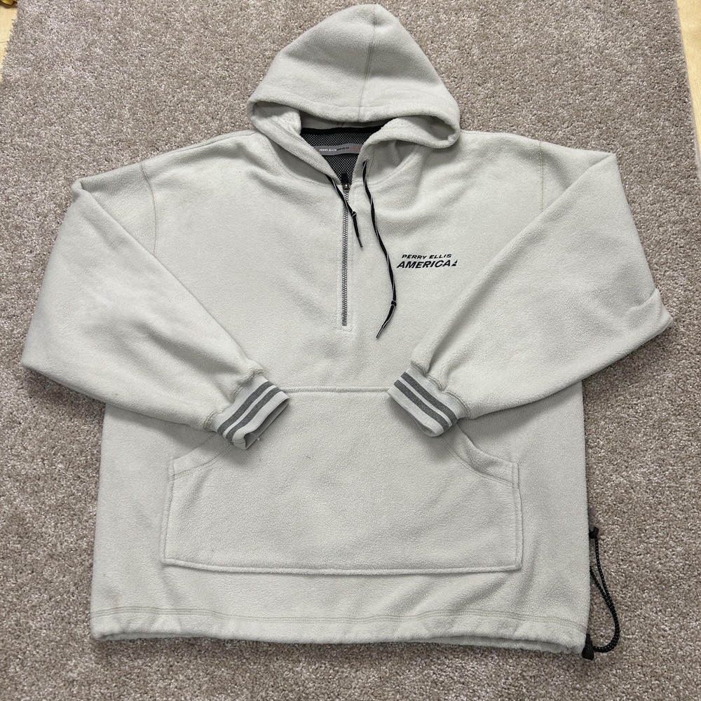 Y2K Perry Ellis America Hoodie Mens Med Gray Fleece 1/4 Zip Pullover Sweatshirt